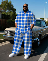 Men's Simple Gentlemen Blue Plaid Printed Daily Casual Big & Tall Long Sleeve Shirt Pants Set