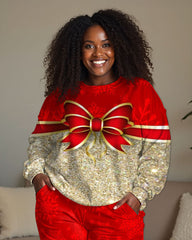 Women Plus Size Christmas Rhinestone Gift box Print Pants Suit