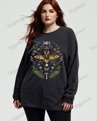 Butterfly Flower Wash Cotton Round Neck Long Sleeve Plus Size Top