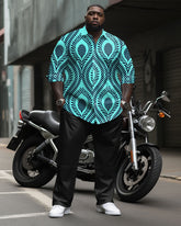 Big Men's Casual Business Retro Pattern Printed Long Sleeve Shirt Trousers Set