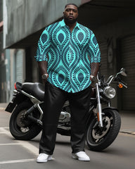 Big Men's Casual Business Retro Pattern Printed Long Sleeve Shirt Trousers Set