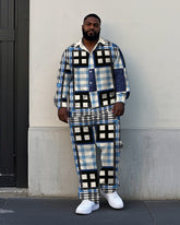 Big Men's Splicing Style Multi-plaid Printed Daily Casual Long Sleeve Shirt Pants Set