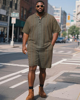 Men's Plus Size Business Brown Striped Print Short Sleeve Polo Shirt Shorts Suit