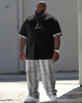 Men's Large Simple Plaid Patchwork Printed T-Shirt Pants Suit