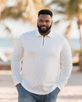 Big & Tall Men's White-Autumn And Winter Jacquard Texture Knitted Fabric Metal Zipper Long Sleeve POLO Shirt