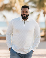 Big & Tall Men's White-Autumn And Winter Jacquard Texture Knitted Fabric Metal Zipper Long Sleeve POLO Shirt