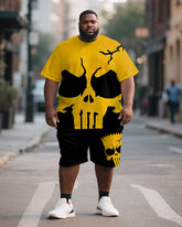 Men's Plus Size Black And Yellow Skull Print Short-sleeved T-shirt Shorts Suit
