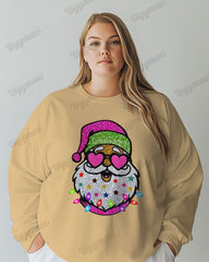Women's Plus Colorful Shiny Santa Claus Print Long Sleeve T-shirt
