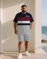 Big & Tall Men Red & White & Melange Gray Color-matching Chest Small Label Printed Crewneck Short Sleeve T-shirt Shorts Suit