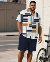 Men's Plus Size Irregular Geometric Pattern Dark White & Dark Blue Short Sleeve Shirt Shorts Suit
