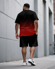Men's Plus Size Casual Black & Red Chest Gradient Fashion Round Neck Short Sleeve T-Shirt Shorts Suit