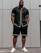 Big Man's Retro Daily Casual Edge Color Block Printing Short Sleeve Shirt Shorts Suit