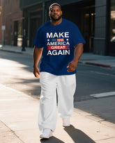 Big Men's Outdoor America Theme Sayings Printed Casual Short Sleeve T-shirt Pants Suit