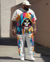 Men's Plus Size Street Fashion Graffiti Skull Print T-Shirt Trousers Set