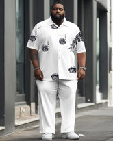 Men's Plus Size Business Flower Print Short Sleeve Shirt Trousers Suit