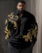 Men's Big and Tall Floral Pattern Lapel Vintage Long Sleeve Shirt