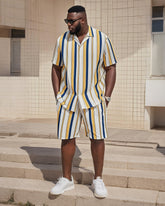 Big Man's Retro Daily Casual Yellow White Blue Stripe Color Block Printing Short Sleeve Shirt Shorts Suit