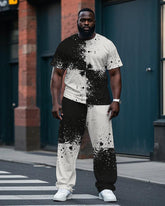 Big Men's Artistic Square Splicing Ink Spash Black & White Printed Short Sleeve T-shirt Pants Set