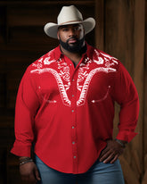 Big Men's Causal Western Embroidered Red Long Sleeve Shirt