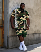 Big Men's Simple Camouflage White Stripe Printed Street Fashion Short Sleeve T-Shirt Shorts Set