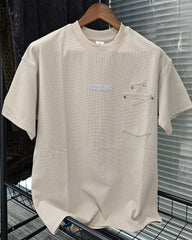 M-3XL Daily Casual Apricot Wafflick Breathable Crewneck Shorts Suit