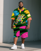 Big Guy's Casual Artistic Frog Cartoon Printed Street Short-Sleeve Polo Shirt & Shorts Set