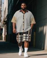 Men's Plus Size Casual Business Black Khaki Plaid Letter Print Shirt Shorts Suit