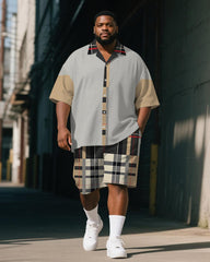 Men's Plus Size Casual Business Black Khaki Plaid Letter Print Shirt Shorts Suit