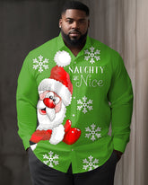 Men's Christmas Green Snowflake Santa Claus Print Plus Size Collar Long Sleeve Shirt