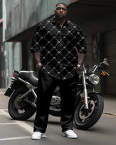 Big & Tall Men's Business Black Letter Dotted Pattern Printed Long Sleeve Shirt Trousers Suit