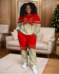 Women Plus Size Christmas Rhinestone Gift box Print Pants Suit