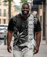 Men's Plus Size Black And White Gradient Abstract Floral Print Henry Collar Button Short Sleeve T-shirt