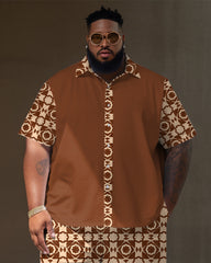Big Guy's Geometric Pattern Short Sleeve Shirt And Shorts Set