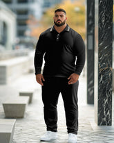 Featured Neckline Solid Color Simple Daily Lapel Polo Long Sleeve 2-piece Set Men's Plus Size