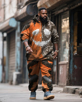 Big & Tall Men's Halloween Orange Pumpkin Facial Contrast Stitch Print Hoodie Suit