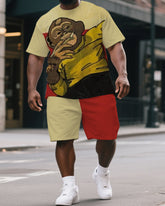 Men's Big & Tall Cartoon Cool Gorillas Smoking Print Splicing Short-Sleeved T-shirt & Short Set