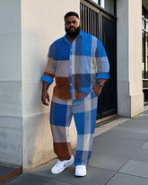 Men's Big Size Daily Casual Abstract Retro Blue Plaid Printed Long Sleeve Shirt Pants Set