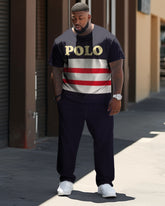 Big & Tall Men's Striped Color Matching Sports And Leisure Two-Piece Set