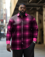 Men's Big & Tall Pink and Black Plaid Lapel Long Sleeve Shirt