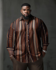 Big Men's Classic Casual Red Brown Striped Long Sleeve Lapel Shirt