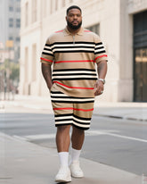 Big & Tall Men's Business Daily Casual Khaki Polo Shirt Retro Striped Short Sleeve Zipper Polo Shirt Shorts Suit