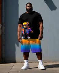 Men's Big Size Hip Hop Gradient Cartoon Hoodie Bear Printed Casual Short Sleeve T-shirt Shorts Set
