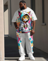 Men's Plus Size Street Fashion Graffiti Cat Print T-Shirt Trousers Suit