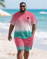 Men's Plus Size Hawaiian Pink Gradient Coconut Tree Print Round Neck Short Sleeve T-Shirt Shorts Suit