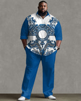 Men's Plus Size Daily Casual Retro Color Matching Pattern Long Sleeve Shirt Trousers Suit