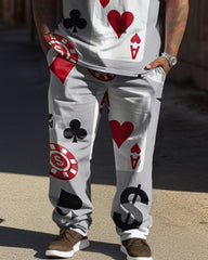 Men's Large Street Casual Poker Graffiti Print T-Shirt Trousers Suit