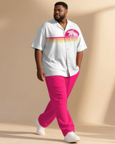 Big & Tall Men's Hawaiian Pink Stripe Gradient Coconut Print Short Sleeve Shirt Pants Suit