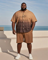 Big & Tall Men's Hawaiian Vacation Brown Gradient Line Sailing Print Pocket Shirt Shorts Suit