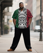 Men's Plus Size Green White Red Aztec Ethnic Style Printed Short Sleeve Shirt Trousers Suit