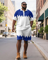 Men's Plus Size Business Blue Geometric Colorblock Print Short-sleeved Polo Shirt Shorts Suit